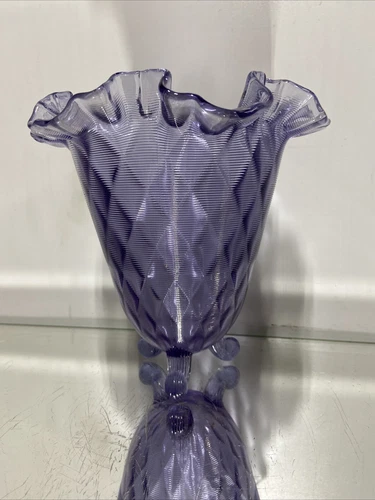 VTG Fenton Optic Diamond Wisteria Springtime 3-Footed Ruffled Vase 7"