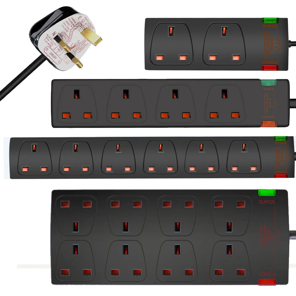 Surge Protected Mains Extension Lead UK Power Cable Plug 2/4/6/8 Socket Black