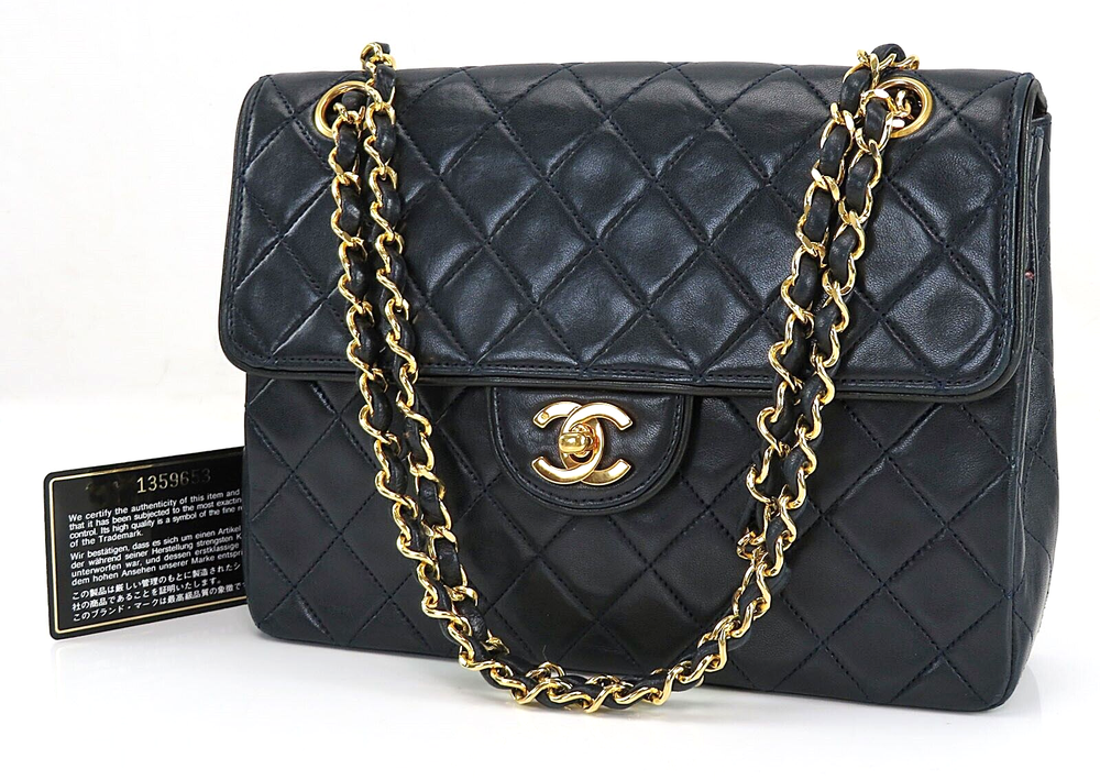 Auth CHANEL Navy Blue Quilted Lambskin Leather Chain Shoulder Flap Bag #42073