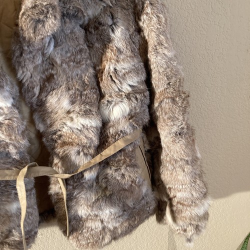 VTG CLASSIC TAN/BROWN RABBIT FUR JACKET w/ Leather BELT FULLY LINED WOMENS L - Picture 3 of 12
