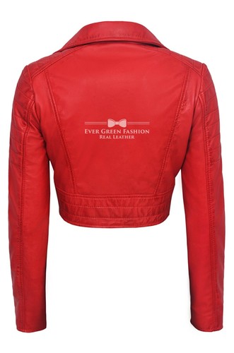 Chaqueta de cuerpo corto para dama roja calce ajustado estilo motociclista 100 % real Napa 5625 - Imagen 4 de 6