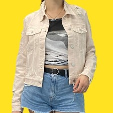 J Brand Harlow Shrunken And Distressed Denim Jacket In Teaser, Dust Pink, Medium
