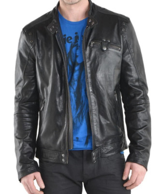 Herren Lederjacke Biker Style Echt Lammleder Slim Fit Schwarz Jacke Outdoor