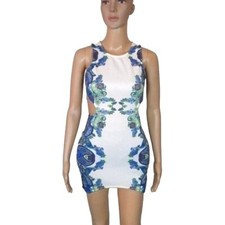 Sundays Dress Sz 8 floral bodycon cut out strapless  summer party white blue