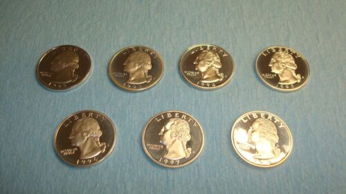 1992 S TO 1998 S PROOF WASHINGTON QUARTERS 7 COINS FRESH FROM SETS 90 % SILVER