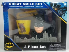 DC Batman Great Smile 3 Piece Set Toothbrush Rinse Cup & Holder. NEW Unopened.