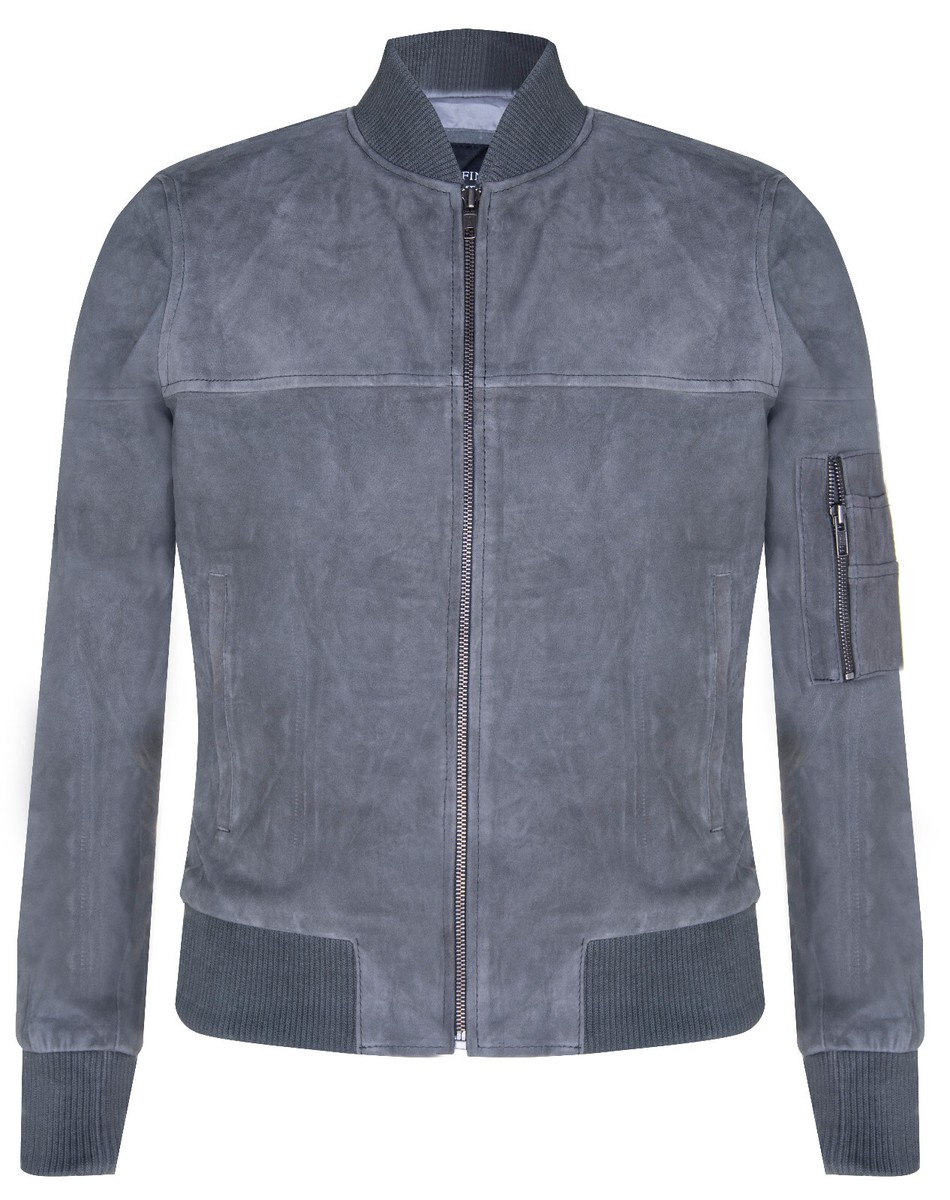 Mens Grey Goat Suede Bomber Jacket Real Genuine Leather MA-1