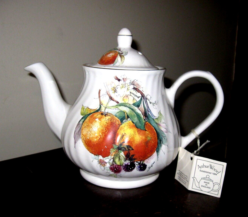 Arthur Wood Tea Pot #6361 Fruit Motif Oranges Blueberries Gold Trim England NWT