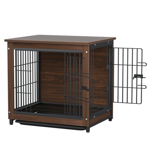 Double-Door Wooden Dog Crate Cage Bedside End Table w/ Easy Clean Removable Tray - 第 10/18 張圖片