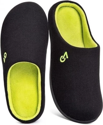 VERACOSY Vera Cosy Memory Foam Slippers Two-Tone Non-Slip Black Lime / Size 10-11 UK
