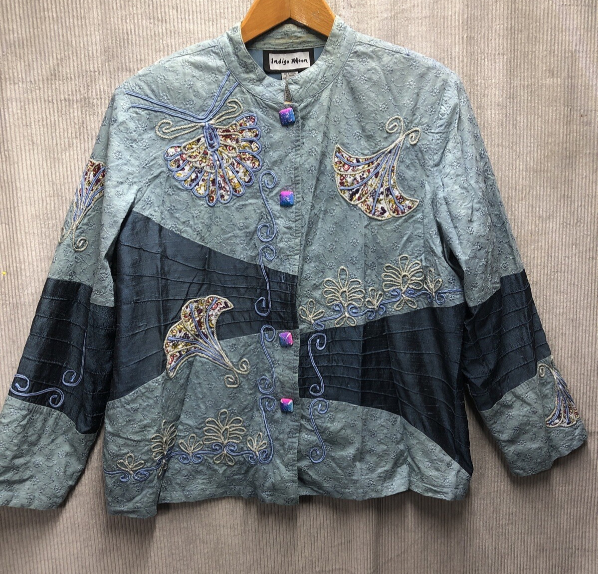 Indigo Moon Jacket Size Large Blue Patch Work Emb… - image 1