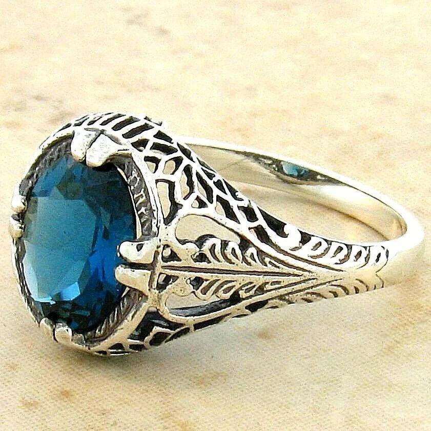GENUINE 2.2 CT LONDON BLUE TOPAZ 925 STERLING SILVER ANTIQUE STYLE RING #720 - Image 3 of 4