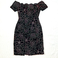 Vintage Steppin' Out sz 7 Gold Floral Velvet Off Shoulder Dress