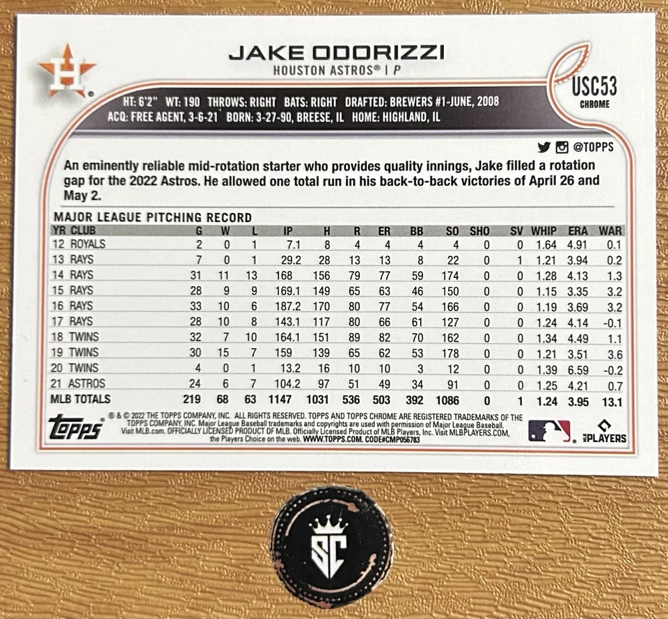 Jake Odorizzi 2022 Topps Chrome Update Series Purple Refractor #USC53 Astros - Image 2 of 3