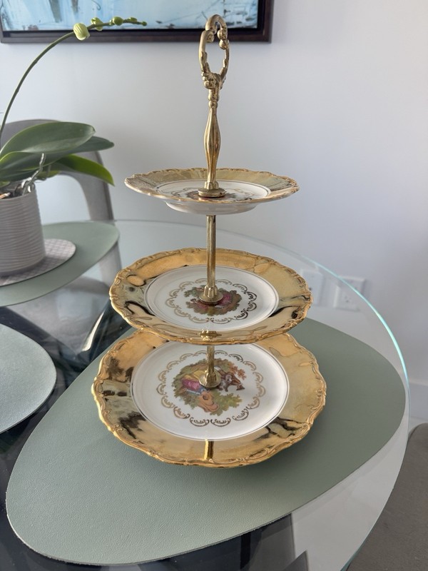 Seltman 3-Tier Floral Porcelain Dessert Stand w/ Gold Trim Round Glossy