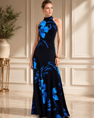 Chiara Boni La Petite Robe Nevio Printed Long Gown Size 12 Blue Floral Italy NWT