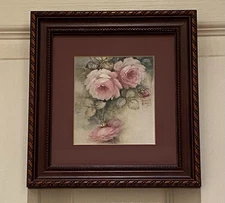 🩷 SONIE AMES SHABBY COTTAGE CHIC DECOR PINK BURGUNDY ROSES ART PRINT WOOD FRAME