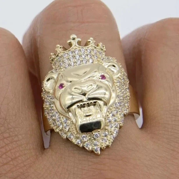 5Ct Round Cut Lab-Created Ruby Lion Face Men's Ring 14k Yellow