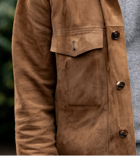 Men's Tan Suede Shirt Jacket for Men Soft Lambskin Suede Leather Classic Coat #2 - Picture 4 of 6