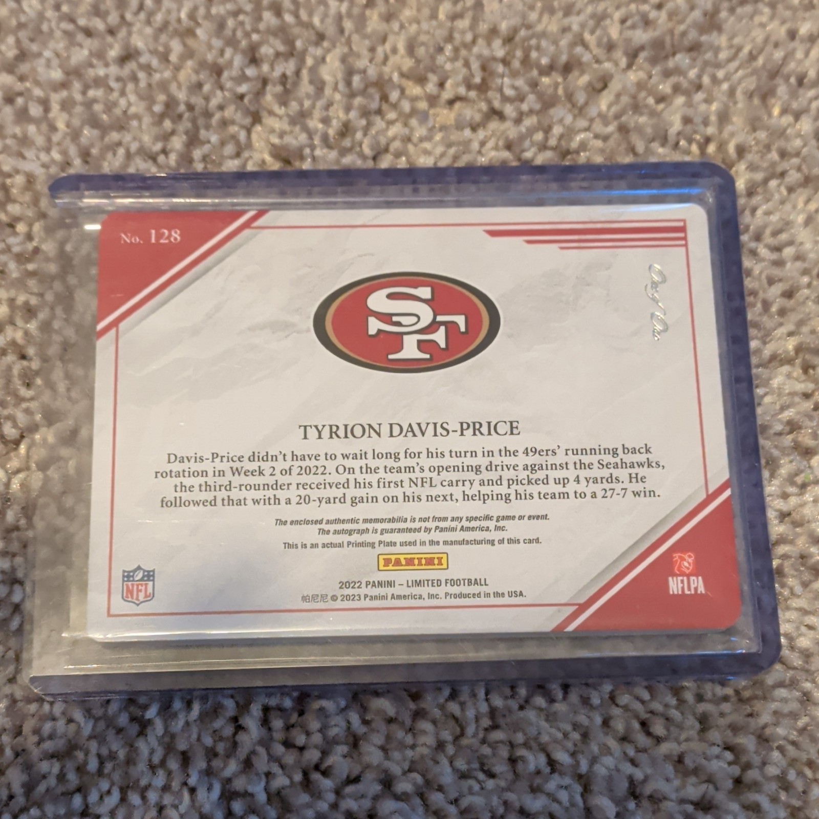 Panini 2022 Tyrion Davis-Price Autograph 1/1 Printing Plate #128 49ers view 2