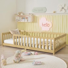 Twin Size Floor Bed, Toddler Floor Bed Frame with Safety Guardrails, Solid Wo...
