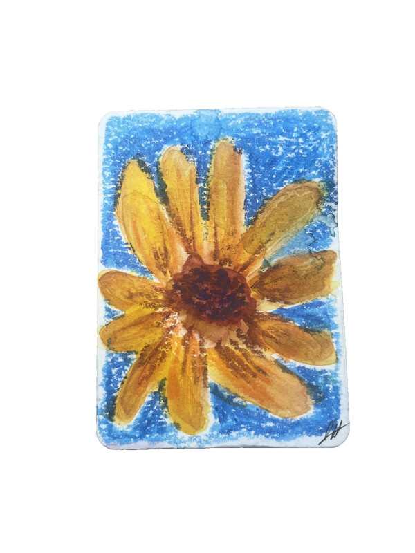Original ACEO Watercolor Painting Art, Yellow Flower & Blue,  Artist J. Hincapie