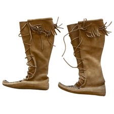 Minnetonka Tan Suede Tall Moccasin Boots Fringe Lace Up Knee High Boho Shoes