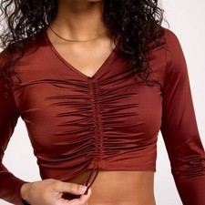 NWOT CALIA by Carrie Underwood Red Brown Shine Ruched L/S Rash Guard Swim Top M