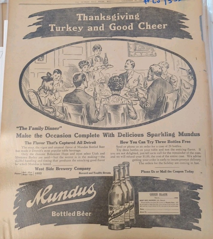 NOV 24, 1909 NEWSPAPER PAGE #2138- MUNDUS BOTTLED BEER- PRE-PROHIBITION DETROIT 