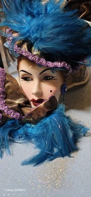 Vintage Blue Lady Face Art Ceramic  Mask With Feathers W Tags Wall Decor 