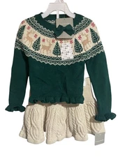 Tahari Girls Green Knit Sweater & Cream Cable Knit Skirt Set Holiday Size 2T