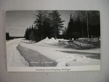 VINTAGE REAL PHOTO POSTCARD SNOW SCENE GREETINGS FROM GRAYLING MICHIGAN UNUSED