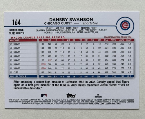 2024 Topps Series 1, Yellow Parallel, Dansby Swanson #164.  Chicago Cubs - Picture 2 of 2