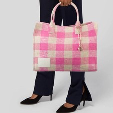 Sandro Large Canvas Tote Bag Pink Woven Gingham Check Cotton Fabric Barbiecore