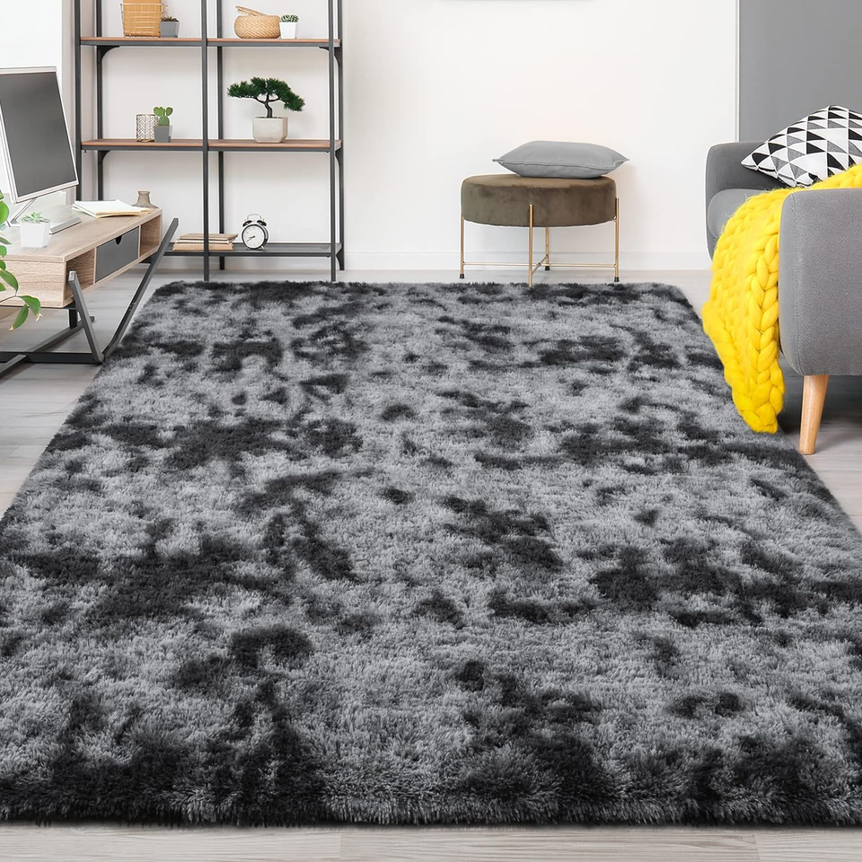Large Area Rugs for Living Room, 4X6 Feet TieDyed Dark Grey Shaggy Rug