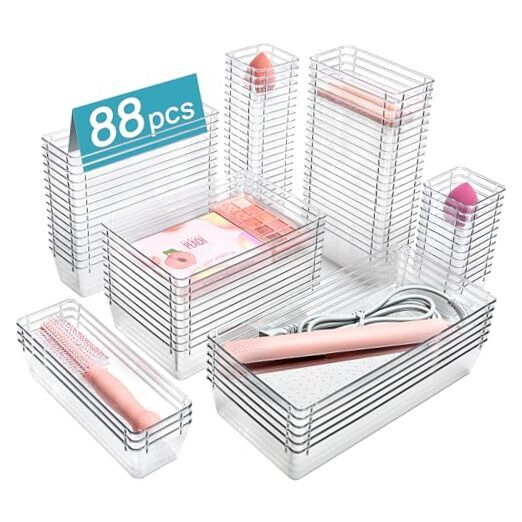 88PCS Clear Plastic Drawer Organizers Set, 5-Size Versatile Bathroom Drawer