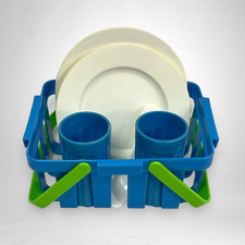 FISHER PRICE Vintage Fun with Food Blue Basket Green Handles Plates Cups Spoon