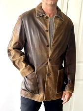 GIMO'S LEATHER JACKET Men's Large Size 40 US Beige/Brown Made in Italy