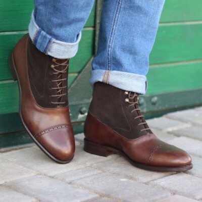 Handmade Men Unique Brown Leather, Suede Oxford Lace Up Toe Cap High Ankle Boots