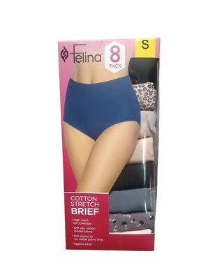 Women's Felina Cotton Stretc Brief Panties High Waist 8 Pack Size S NIB 