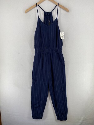 MISS BEHAVE Jumpsuit Girls 12 Viscose Linen Pinstripes V-Neck Tie Back Blue NEW