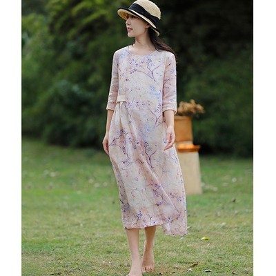 Literary Travel Cotton And Linen 100pcs Ramie Floral Dress Women