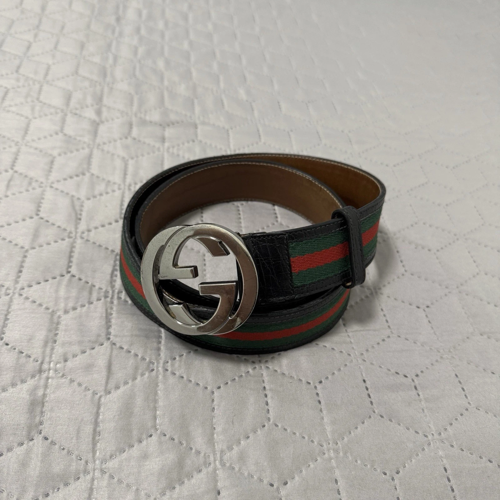 Cintura Gucci Web verde rosso tela argento ad incastro fibbia G taglia 100