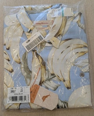 NWT Tommy Bahama Men's Plantain Paradise Silk Banana Print Shirt Blue Sz L