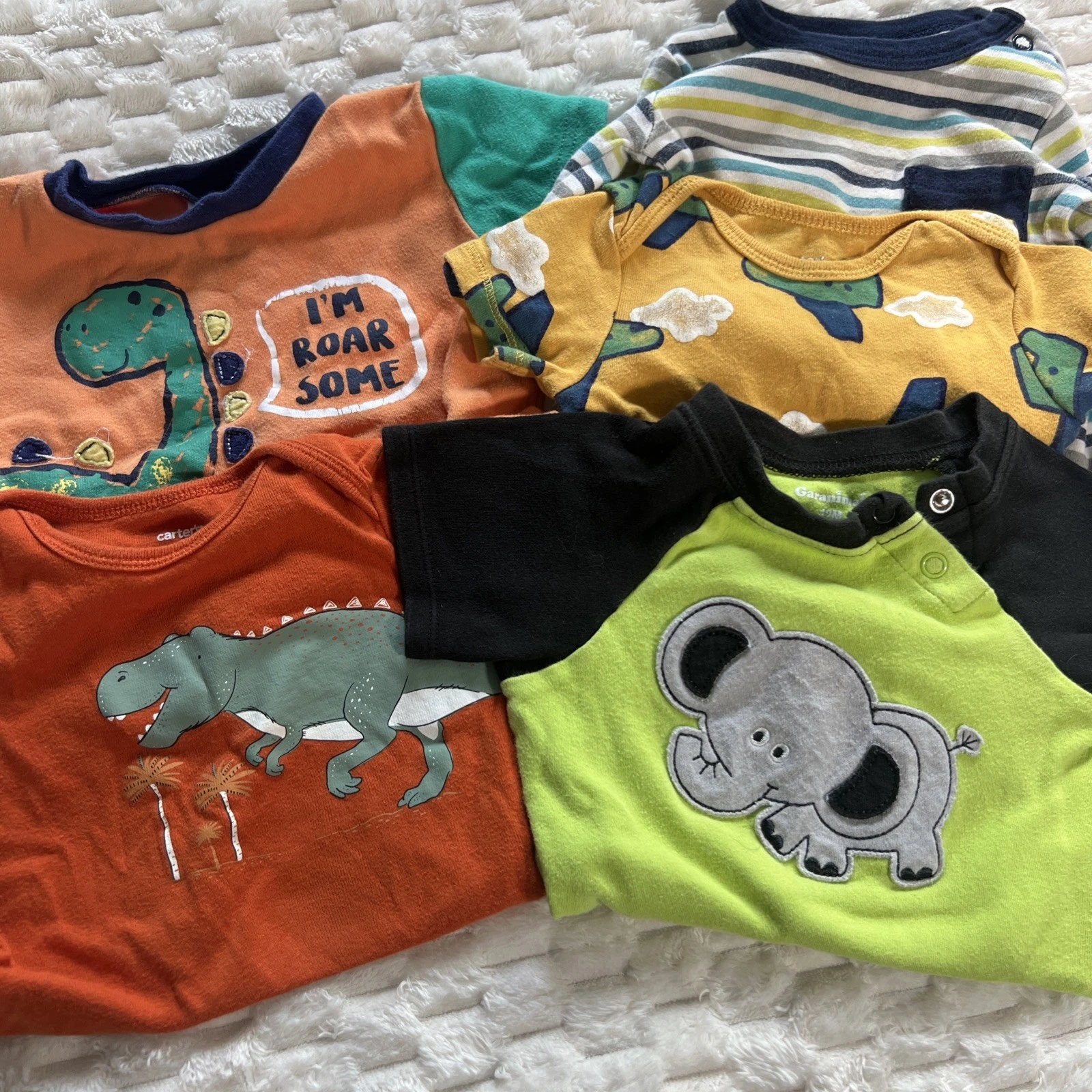 5 Piece Lot Of Baby Clothes 12 Month Boys, Body Suits 100% Cotton Dino, Elephant