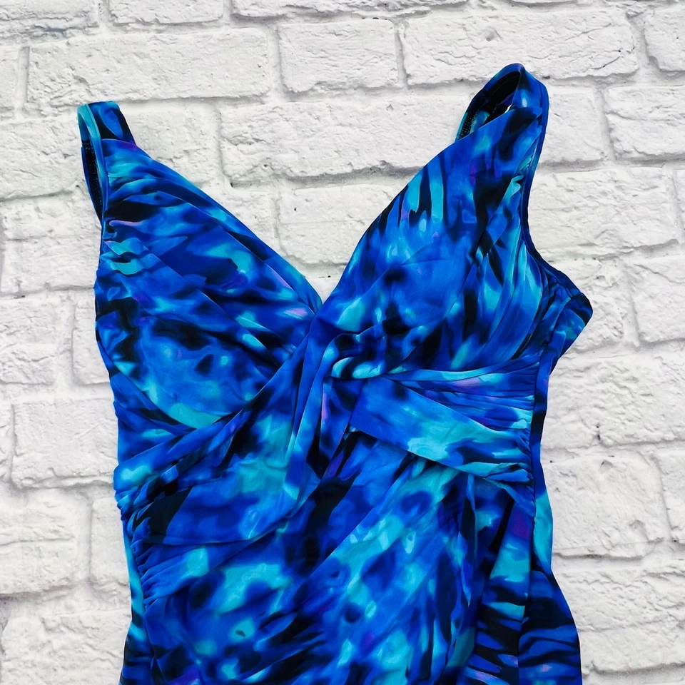Miracle Suit Blue Tie Dye One Piece Swimsuit Size 12 V Neck Ruched Tummy Control - Image 2 of 4