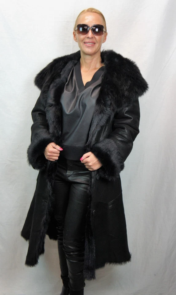 REAL 100% Piel de Oveja Piel de Oveja Toscana Abrigo Largo Capucha DAKOTA NEGRO XS-6XL Foto 4 de 4