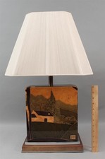 Vintage MCM Jean Claude Mahey Signed French Marquetry Burl Wood Inlay Table Lamp