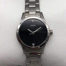 Guess Waterpro Womens Watch 25mm Black Dial Silver Tone Date New Battery 6.5"
