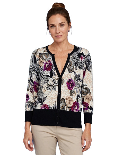 White House Black Market Long  Sleeve Cardigan Grey Black Floral Women’s Size M